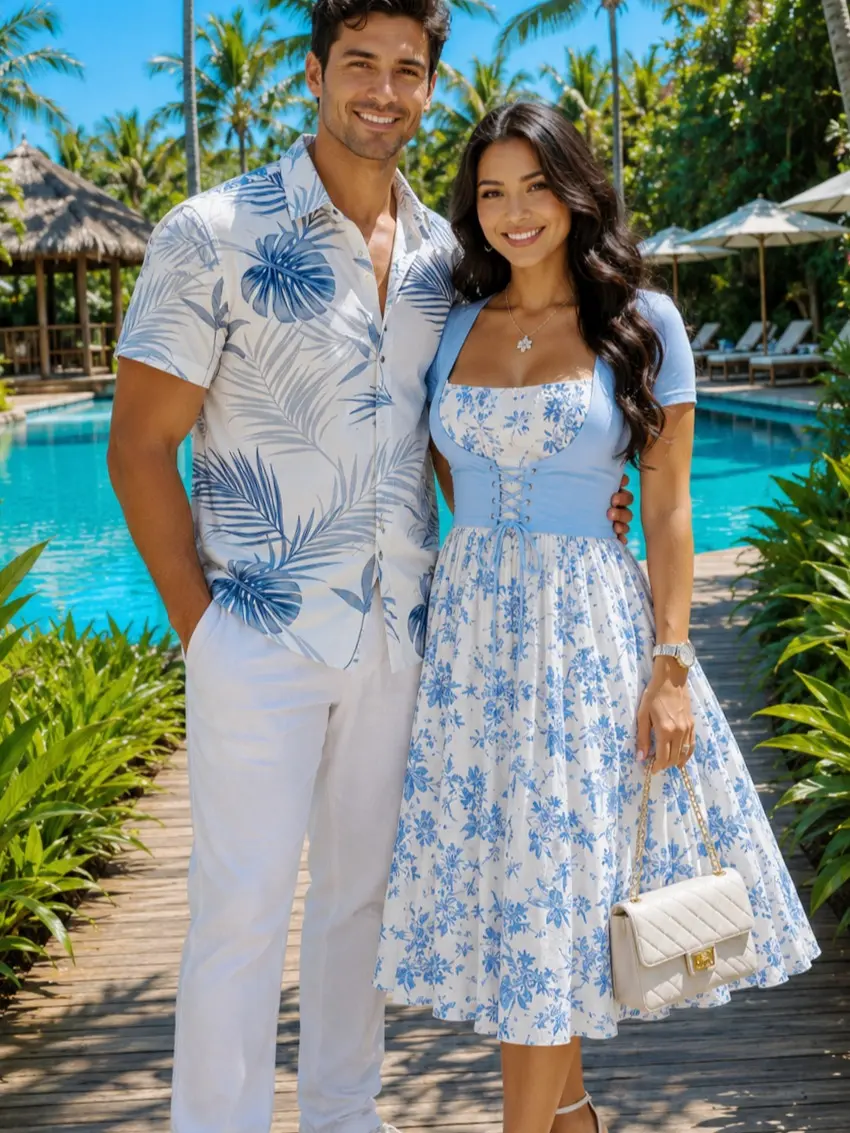 Dresslily 2026 Style Floral Tropical Print Polyester Couple Outfits Set - Lightweight, Soft, Breathable Fabric, Short Sleeves, Elegant Fitted Beach Midi Dress & Shirt, Ideal for Travel, Weddings, Husband-Wife Gift