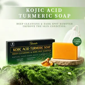 [Viral 4-Pack] Kojic Acid Turmeric Soap for Dark Spots & Acne | Hyperpigmentation Glowing Cleansing Bar with Free Foaming Net (Face & Body)