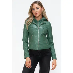 Snobbish Faux Leather Zip Up Drawstring Hooded Jacket