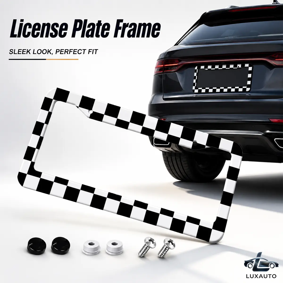 Black and White Checkered License Plate Frame,  Universal 12.2 x 6.3 Inch Checkered Car License Plate Holder with Screws & Caps, Rust-Proof Metal License Plate Cover, Car Accessories for Women & Men