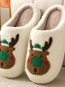 Christmas Limited Reindeer Embroidered Home Slippers, Anti-Slip Silent Sole, Skin-Friendly Plush Lining, Lightweight Comfort, Unisex Gift