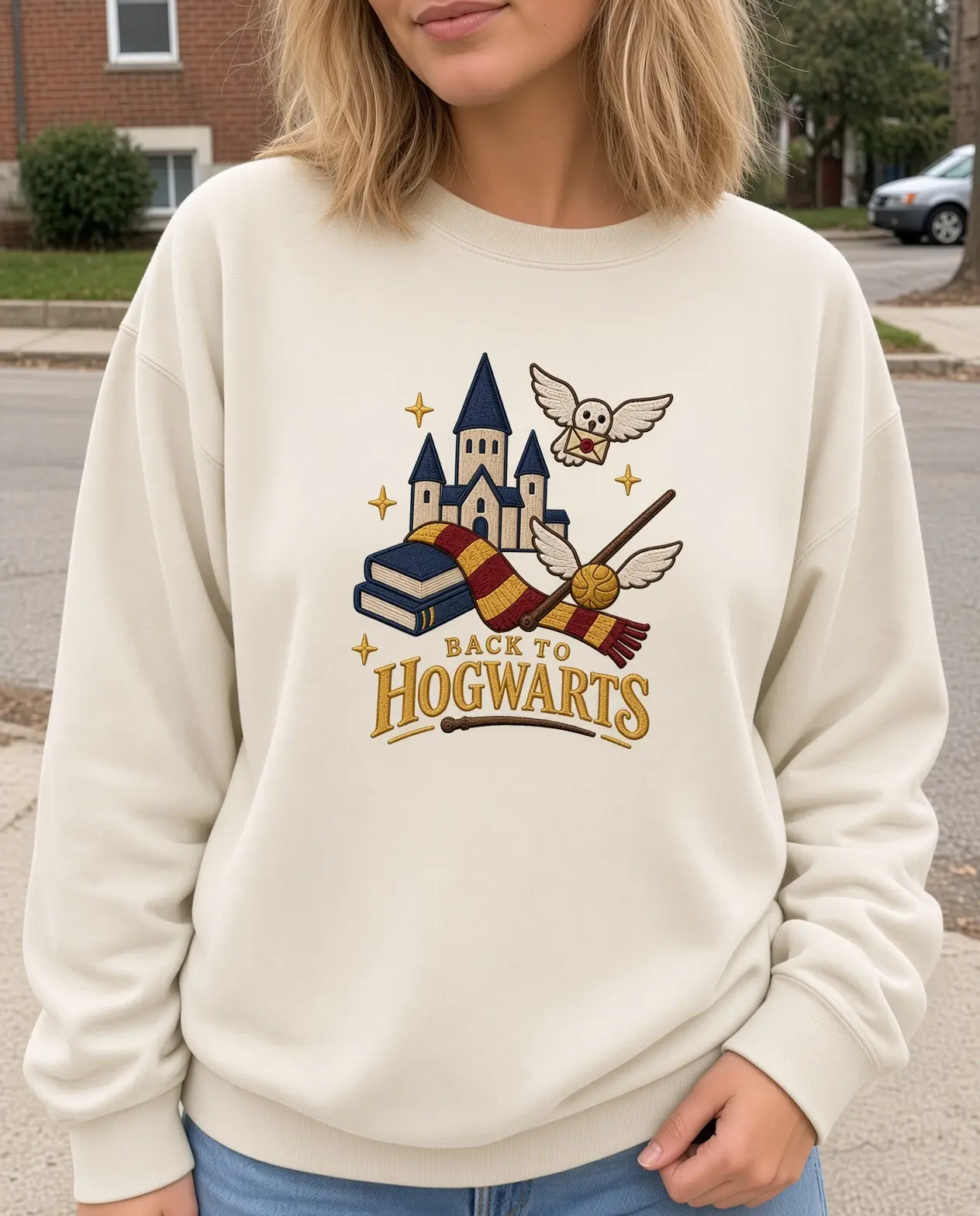 Back to Hogwarts Sweatshirt, Wizard School Embroidered Crewneck, Magical Castle Owl Books Scarf Sweater, Back to School Wizard Gift, Fantasy Book Lover Pullover, Cozy Fall Halloween Outfit for Women Men, Magical Academia Crewneck Gift Tee