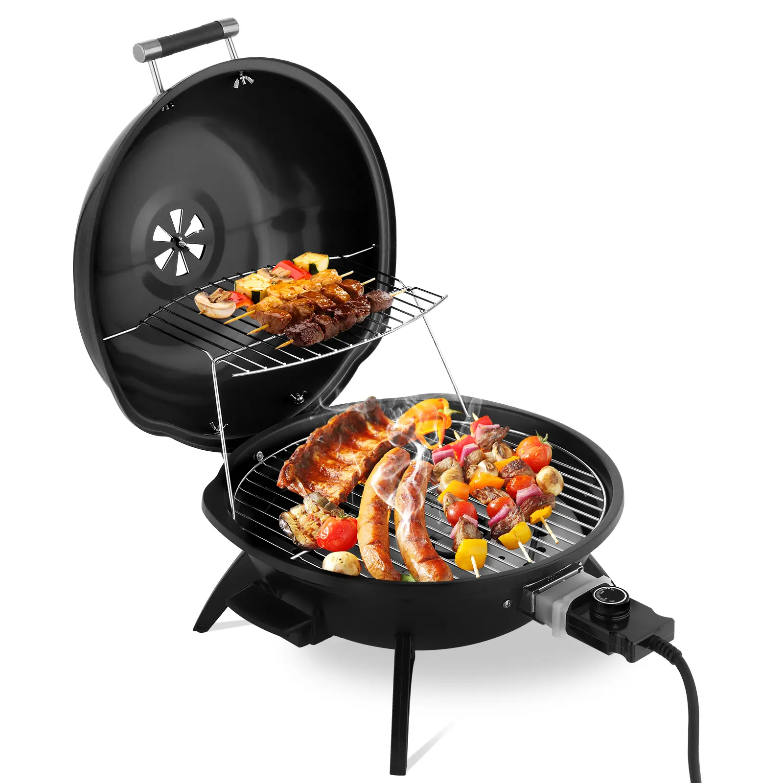 Sturdy Countertop Electric Grill, 1600W Indoor & Outdoor Cooker with Spacious Surface for Family Dinners & Backyard Cookouts, Rack, Foldable, Barbecue Grill, Portable Kitchen, Stainless Steel, Grilling Outdoor Cooking