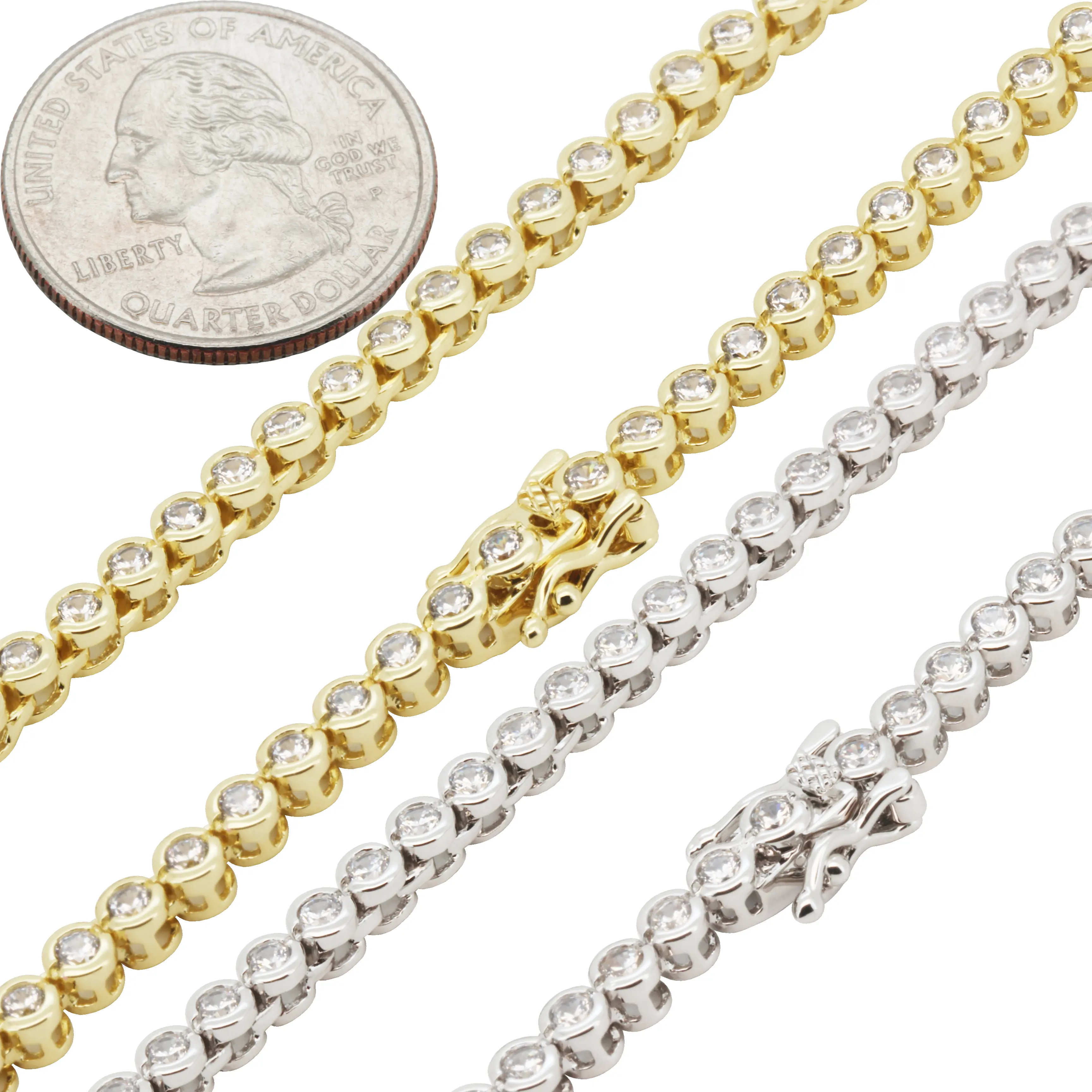 14k Yellow/White Gold Plated AAA Cubic Zirconia 3mm Bezel Set Tennis Chain Necklace Bracelet 7”-18”