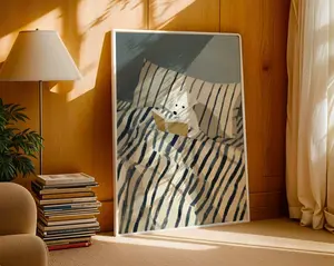 [UNFRAMED POSTER] Dog Reading Wall Art Print – Cozy Dog in Bed Illustration, Striped Blanket Book Lover Poster, Whimsical Bedroom Decor, Un