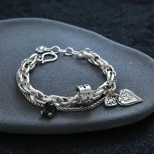 2026 New Gothic Cross Heart Charm Bracelet, Retro Double-Layer Silver Tone Chain with Black Gemstone, Adjustable Punk Streetwear Wrist Jewelry for Men & Women, Ideal Party Daily Accessory & Gift
