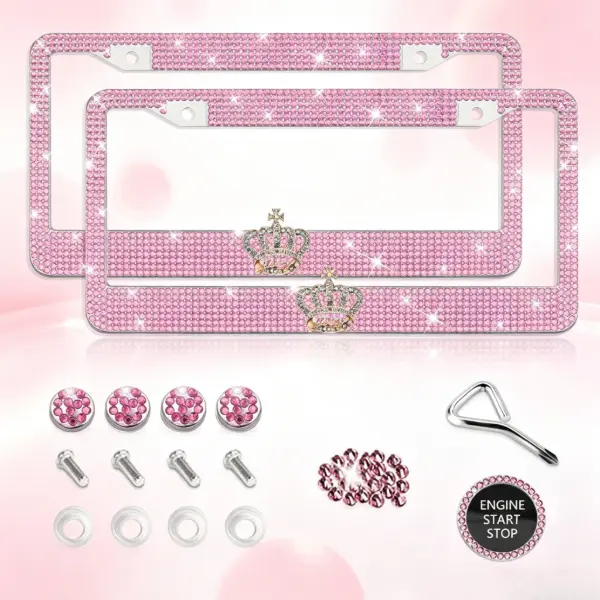 Feminine Glam 2-Pack Pink Rubber License Plate Frames (12.25x6.29in) - Metal Automotive Rhinestone Set for Trucks, Easy DIY Kit with 3D Hollow Crown Emblem, Engine Start Button Cover & Matching Screw Caps