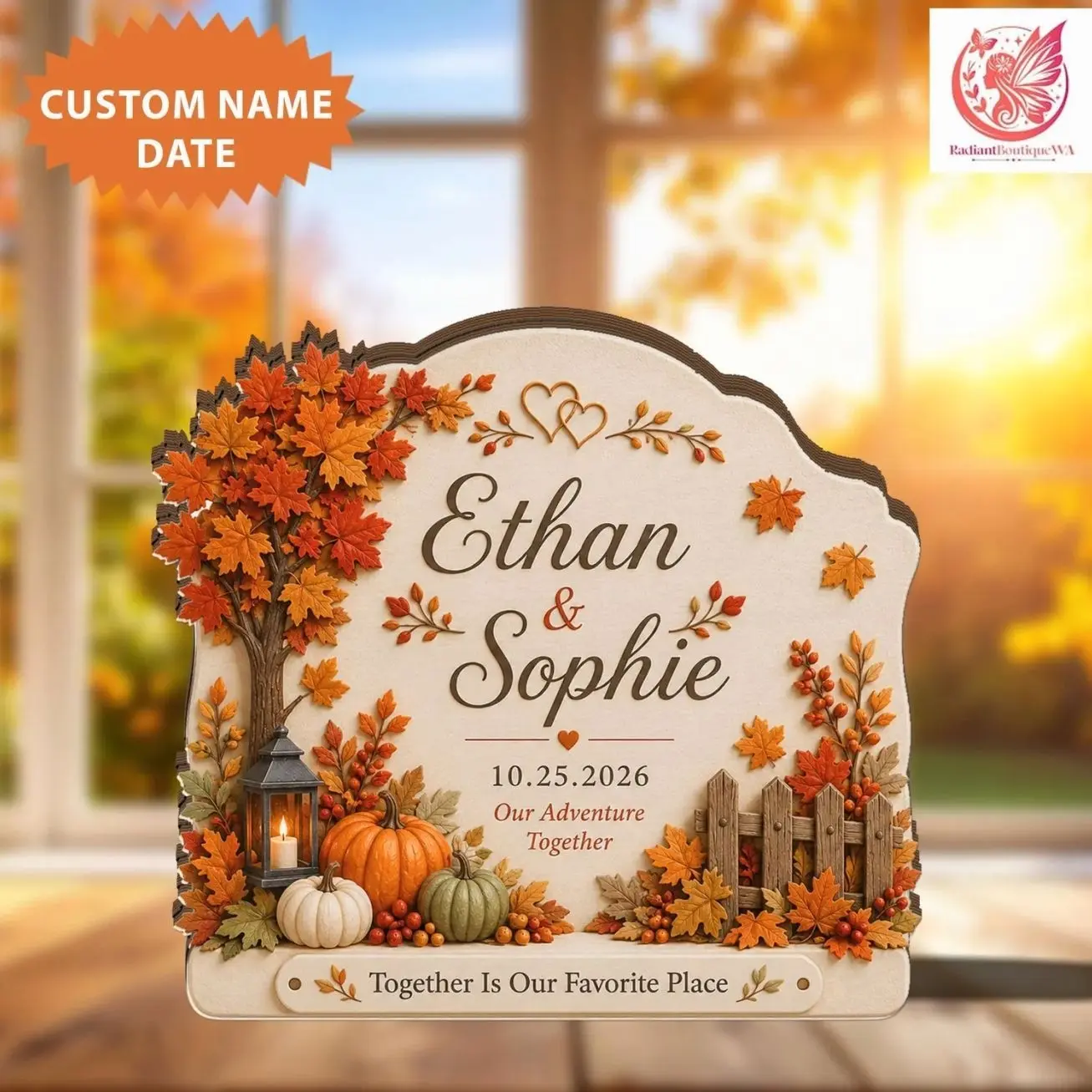 Custom Fall Couple Wooden Block, Personalized Autumn Wedding Keepsake