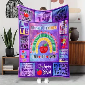 1Pc Teacher Appreciation Fleece Blanket - Purple With Rainbow, Hearts & Inspirational Quotes, Tear-Resistant Polyester, Perfect For Teachers, Classroom, Office, Or Travel Use, Teacher