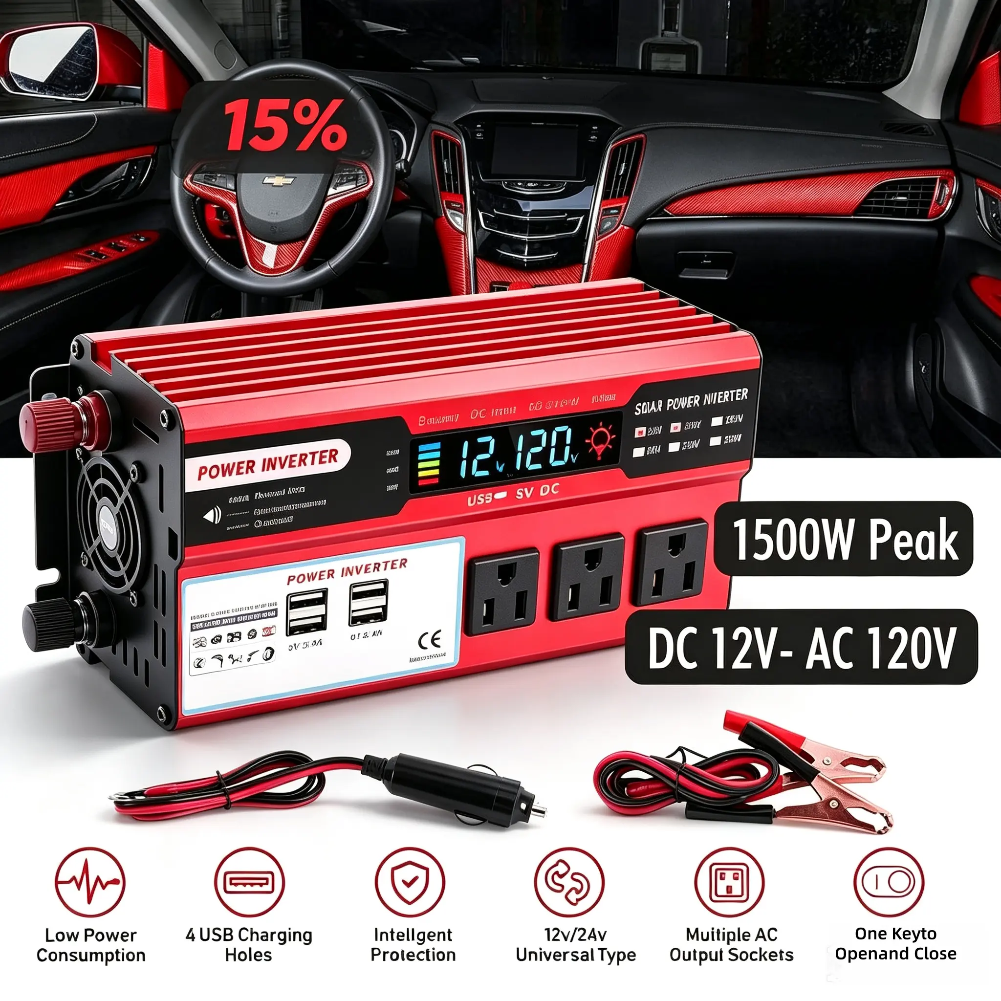 1500W Compact DC 12V to 110V Car Power Inverter with LCD Monitor, Built-in Cooling Fan, Full Safety Protection, Portable Emergency Power for RV, Camping