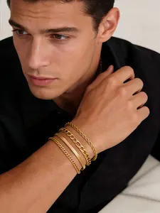18K Gold Plated Stainless Steel Men's Bracelet Set - 4Pcs Stackable Layered Gold Bracelets, Tarnish Free Hypoallergenic Adjustable Jewelry for Men Premium Bracelet