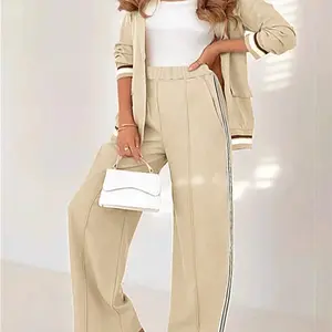 Women'sOfficeDailyWearBlazer&PantsSet,SolidColorBlazerwithStripedWide-LeggedPants,CasualElegantBusinessforWomen