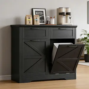 Jocoevol 20 Gallon Tilt Out Trash Cabinet: Push-Open Recycling Station with Drawer & Laundry Sorter - Free Standing Garbage Can Cabinet for Kitchen, Living Room - Black (No Trash Cans)