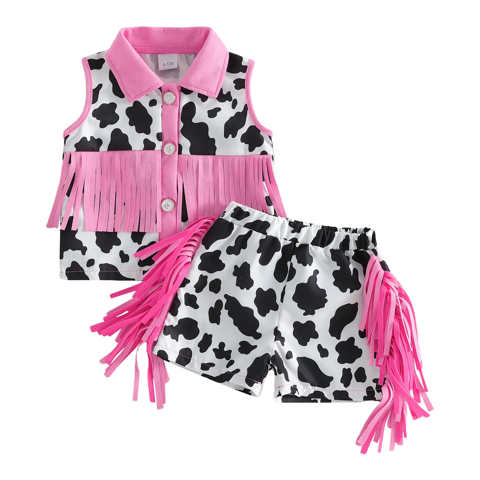 Toddler Girls' Polyester Western Cow Print Fringe Tassels 2-Piece Tank Top Shorts Set, Sleeveless Collared Button-Down Tank & Summer Cowgirl Outfit, Button Front, Cowgirl Look