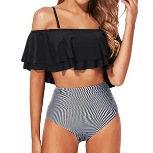 Tempt Me Women Two Piece High Waisted Bikini Set Tummy Control Bottoms Ruffle Swimsuits Off Shoulder Bathing Suits Plus Size Swimsuit with High Rise Bikini Bottom Strapless Swimsuits Scoop Neck  SwimWeek  summervibes