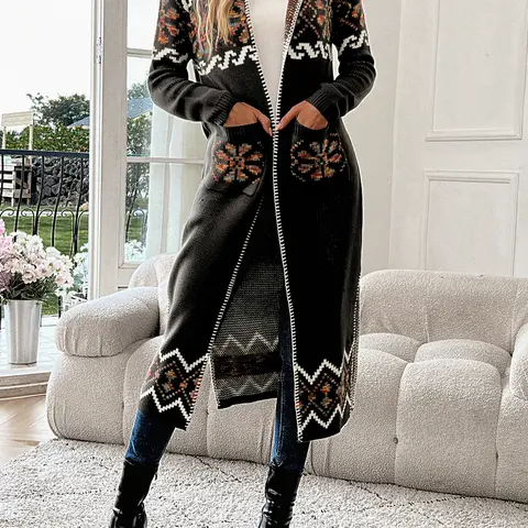 Open knit hooded cardigan, vintage mid-length slit sweater with pockets, women's Fabric Long Sleeve Knit cardigan sweater