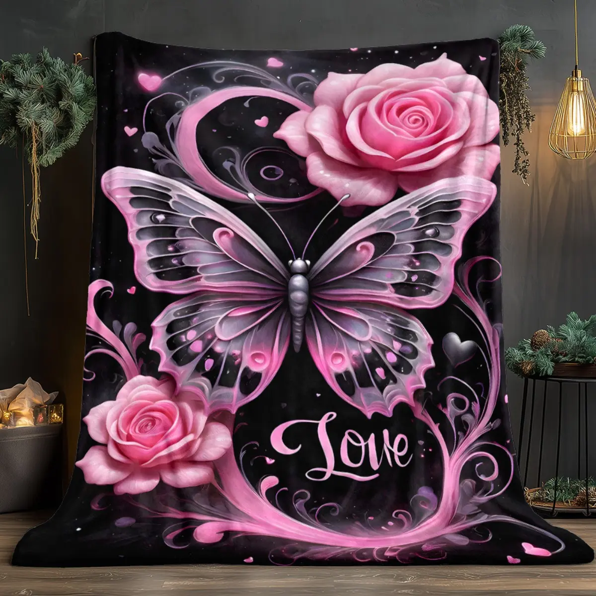1-Piece High-Definition Printed Flannel Blanket - Butterfly & Rose Pattern, Comfortable & Warm, Flower Blanket Crochet, Boho, 3D Rose, Adorable Style, Art Graphic, Ideal for Sofa, Mother's Day Gifts, Boho Blankets