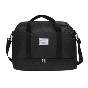 Upgraded thick waterproof weekender duffel bag with shoe compartment for men and women. Spacious, lightweight, argyle pattern, multiple compartments, reinforced handles and breathable mesh. Great for carry-on, overnight, gym and daily travel.
