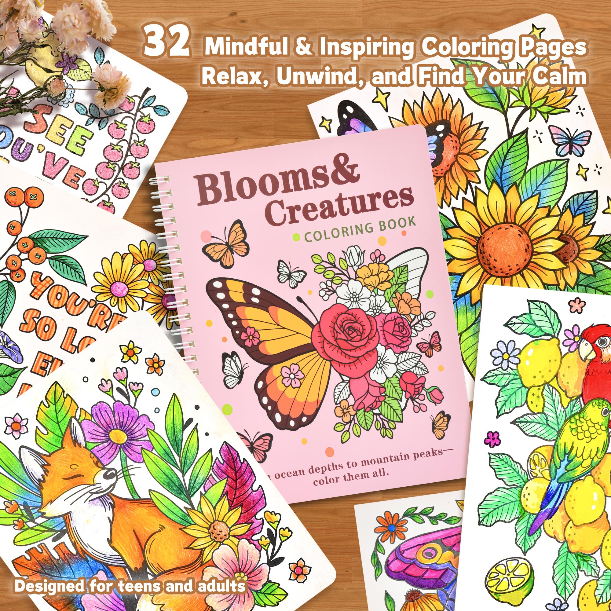 Creative Coloring Art Pages Set, Floral & Animal Designs, Relaxing Drawing Activity Kit for Adults