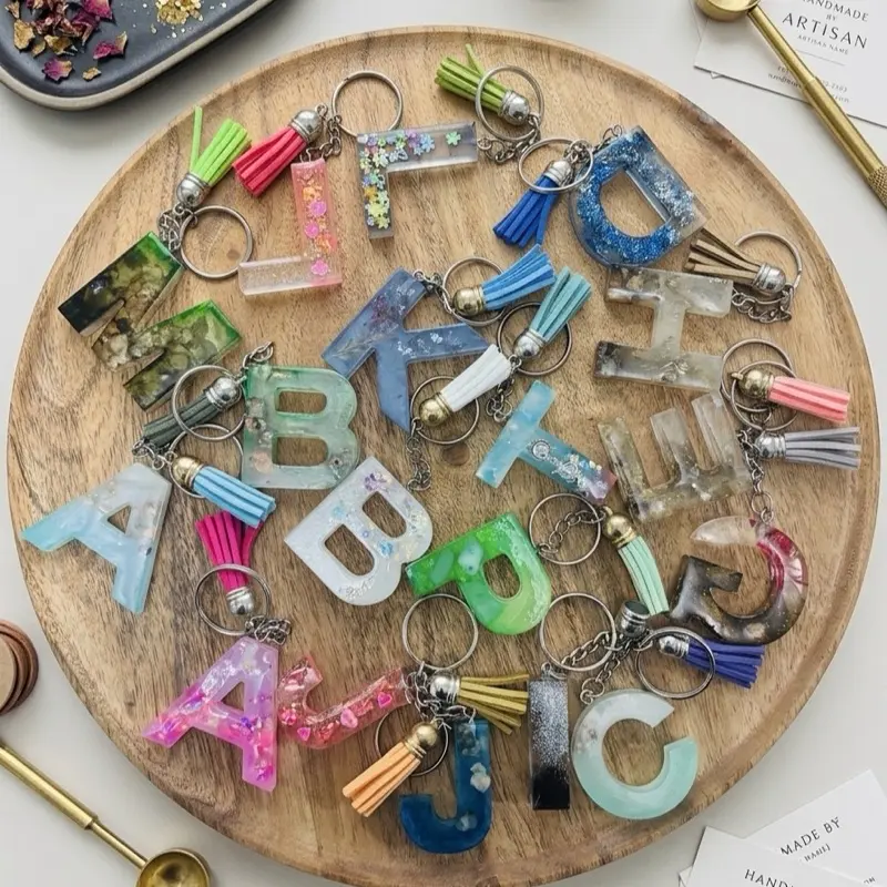 Handmade Resin Epoxy Keychains - Compact, Stylish, Aluminum Alloy-Accented, Letter-Designed Engraved Message Car Keychains, Durable Fashion Costume Jewelry for Home Decor & Shopping Use, Handmade Keychain