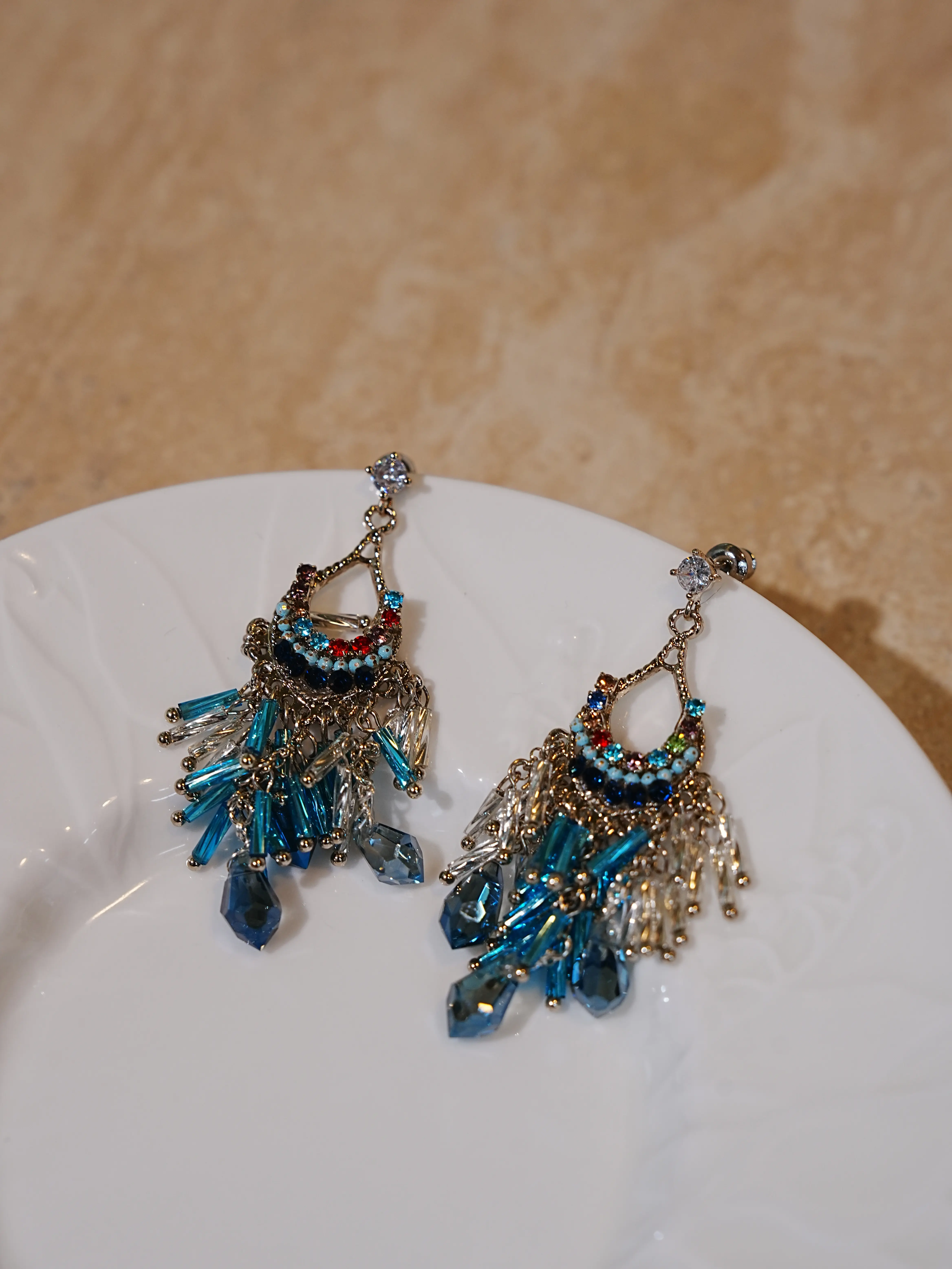 Women's Bohemian Blue Crystal Tassel Dangle Earrings - Vintage Ethnic Rhinestone Chandelier Handmade Beaded Fringe Statement Jewelry for Wedding, Party Gift