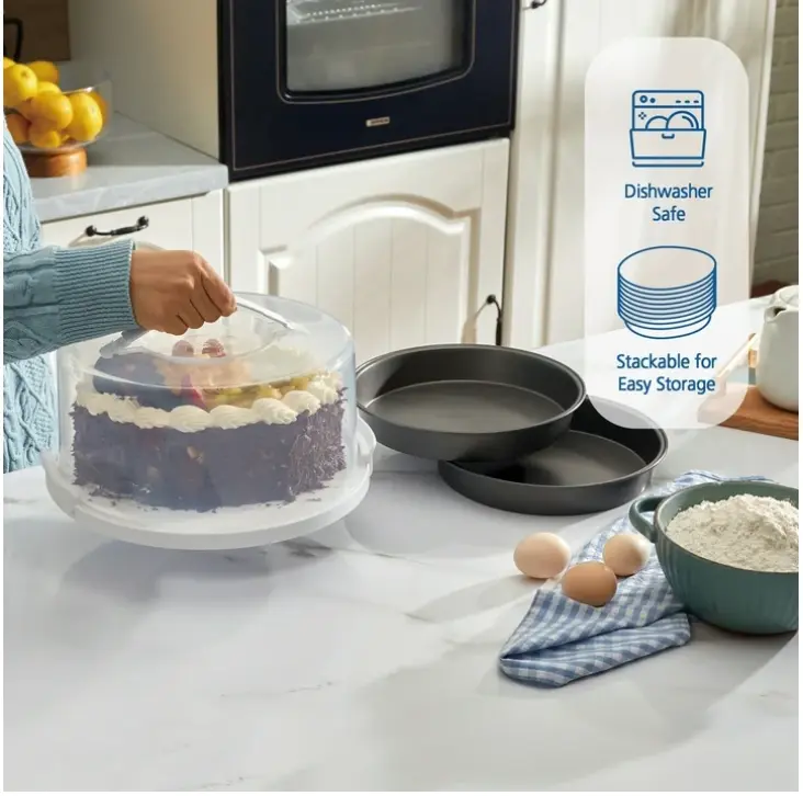 12-Inch Clear Cake Carrier with 2-Pack 9-Inch Gray Round Pans, Carbon Steel