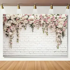 1pc 2D Flat Romantic Pink Rose Wall Backdrop - Printing Polyester Fabric, Elegant Floral Design for Valentine'S Day, Garden Parties & Home Decor, Creates a Serene Atmosphere, Ideal for Outdoor Banners Flower Ornaments White