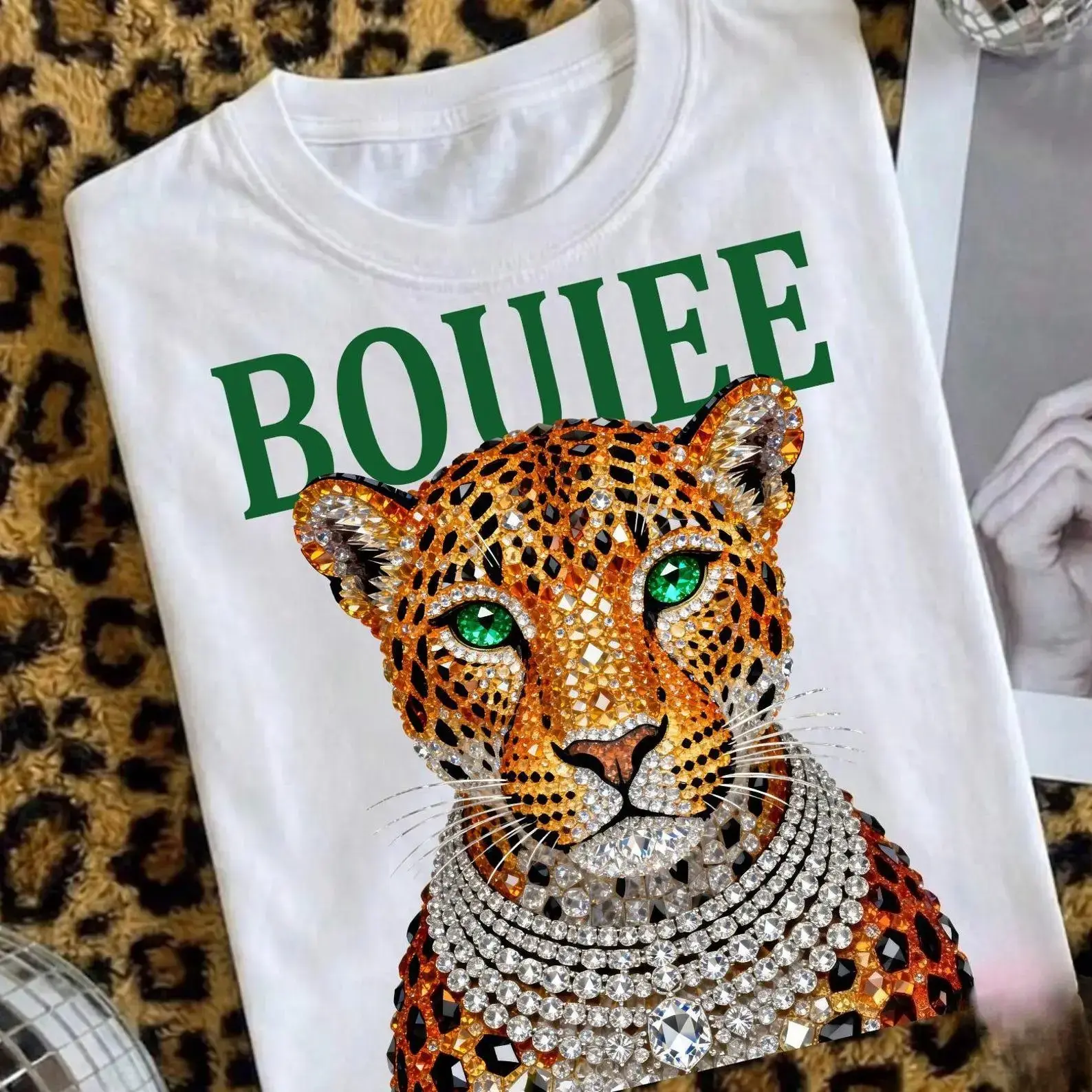 comfy Vintage Leopard Print Shirt, Glam Fashion Graphic Tee, Trendy Animal Print T-Shirt,Boujee Diamond Bling Leopard Head Graphic T-Shirt, Womens White Luxury Aesthetic Short Sleeve, Rhinestone Effect Boujee Leopard Casual Tee, Glam Fashion Top