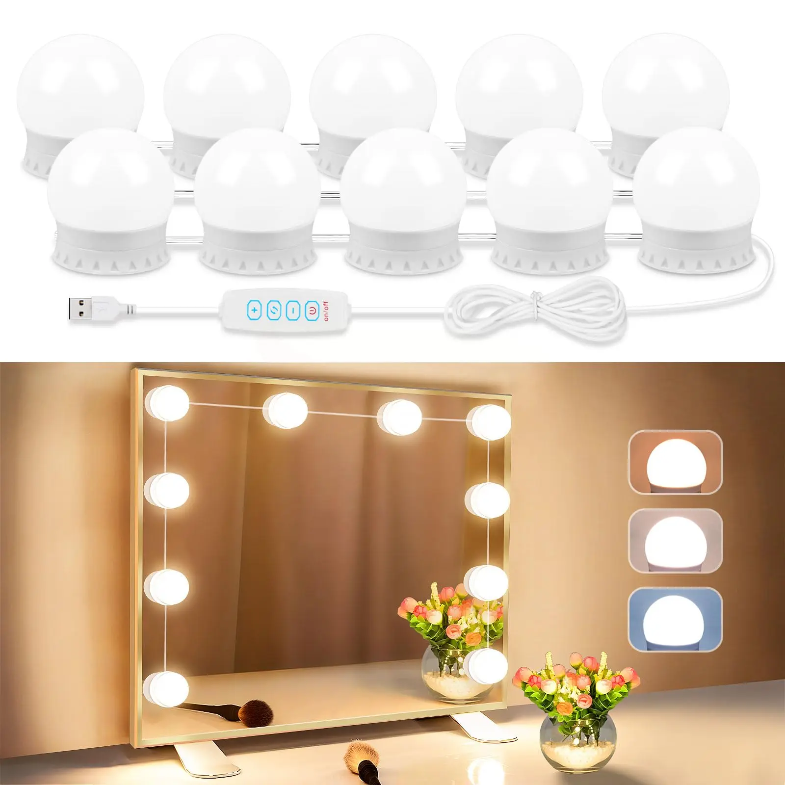 10-Bulb Dimmable 0.8W LED Vanity Lights - 3 Colors, 10-Level Brightness Control, USB Port, USB Cable, Adhesive Tapes, Plastic Build, Clean Look, Indoor Use Lighting for Bathroom, Party & Festival Ready