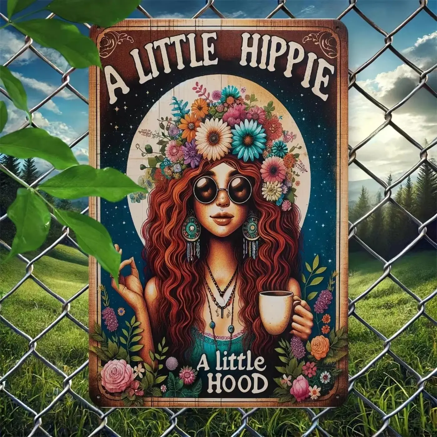 8x12 Inch Metal Tin Sign - Vintage Hippie Wall Art Rustic Design Vintage Decor 'Little Hippie, Little Hood' with Pre Drilled Holes for Easy Hanging Rustic Farmhouse Design Vintage Plaque Decoration Home Decor Products