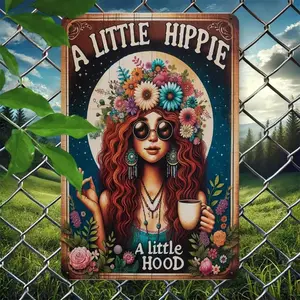 8x12 Inch Metal Tin Sign - Vintage Hippie Wall Art Rustic Design 'Little Hippie, Little Hood' with Pre Drilled Holes for Easy Hanging