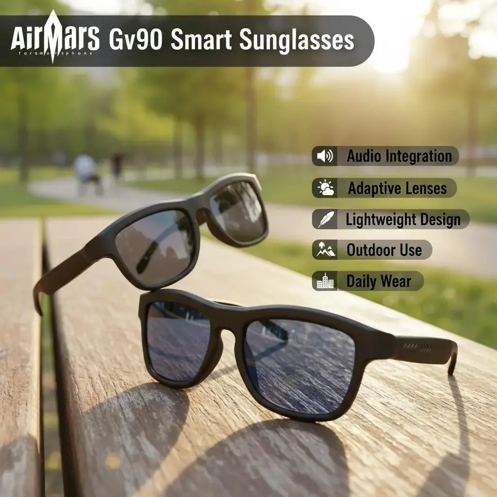 Airmars GV90 Wearable Wireless Smart Glass Eyewear - Bluetooth Audio Sunglasses with UV400 Polarized Photochromic Lenses, Lightweight Sun Protection for Outdoor Use