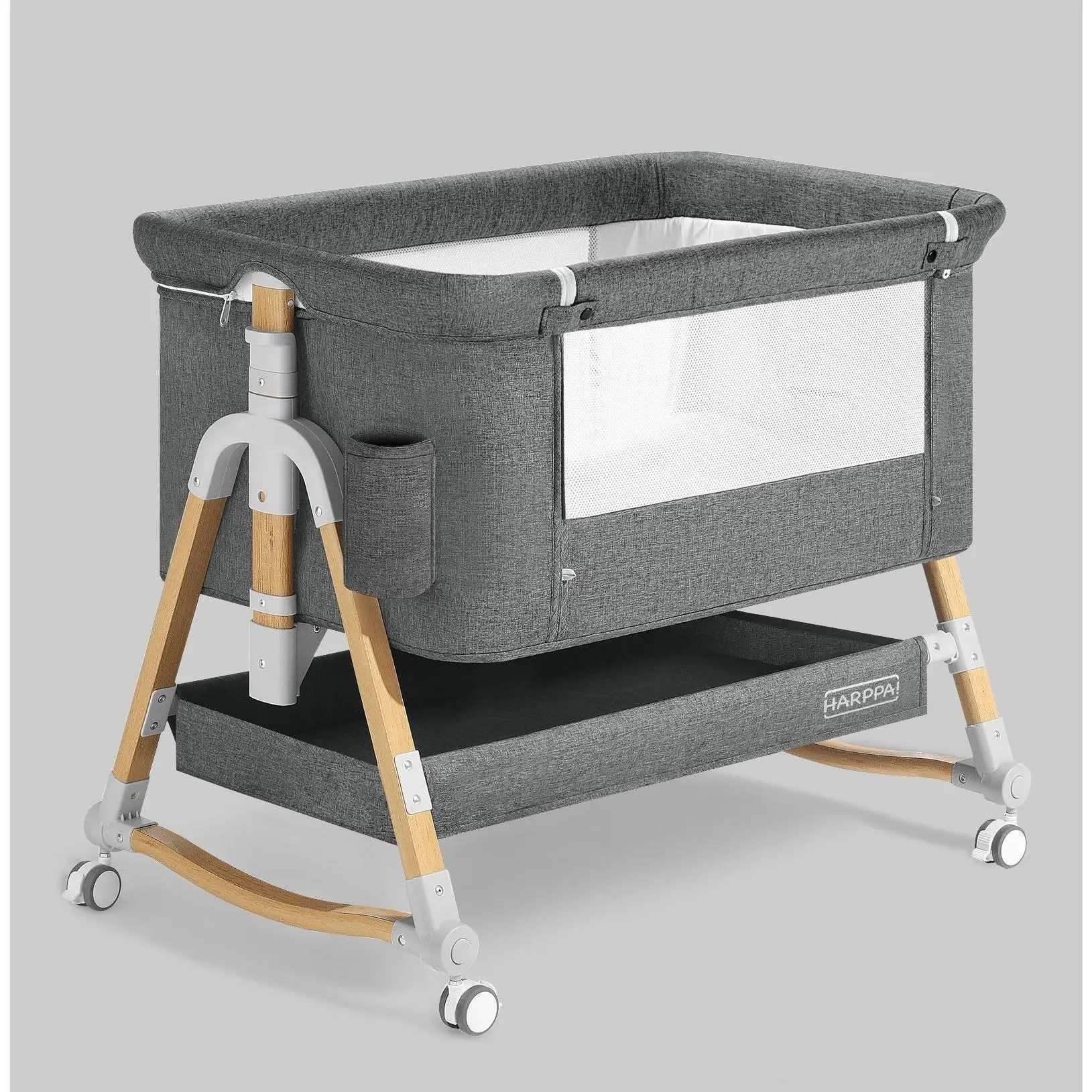 HARPPA 3-in-1 Baby Bassinet Bedside Sleeper, Portable Rocking Cot with Breathable Mesh, 5 Adjustable Heights, Wheels & Mattress, Bassinet For Baby, Breathable Mesh Keeps Baby Cool