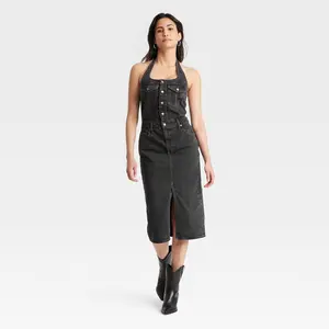 Universal Thread Women's Denim Halter Midi Dress - Stretch Cotton Button-Down Summer Dress with Front Slit & Pockets