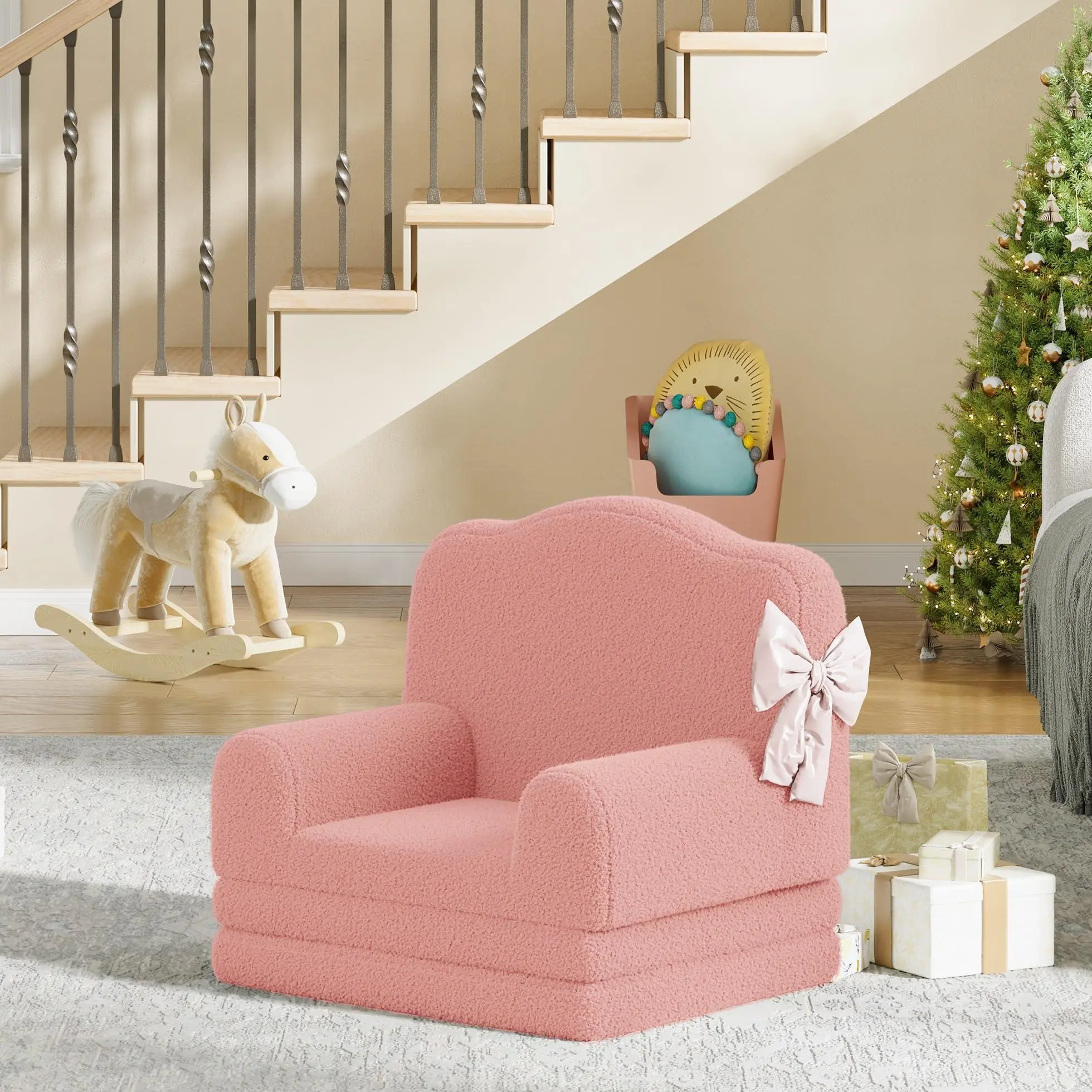Pink Toddler 2-in-1 Convertible Single Seat Sofa Bed - Crown Shape, Soft Sherpa Fleece, High-Density Foam, Fold-Out Bed, Round Back, Compact Indoor Furniture for Playroom