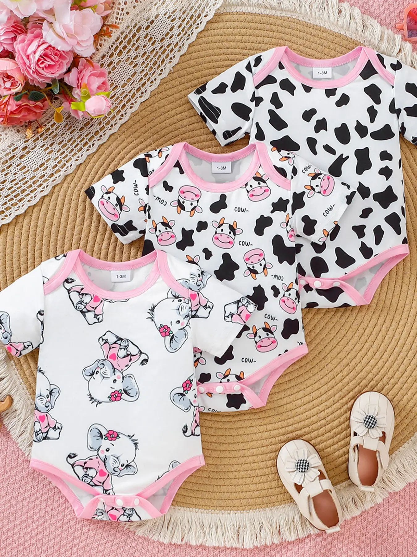 Summer Newborn Girl Animal Print Short Sleeve Onesie, Soft Texture Daily Baby Romper, Baby Girl Clothes, 1-6 Months, Cute Slim-Fitting Style, Fun Themed Bodysuits, Newborn Onesies, Baby Clothing
