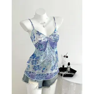 Y2k Top Cute Babydoll Tank Tops Floral 2000s Clothing Going Out Mesh Camisole Whimsical Clothes
