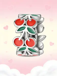 Stacked Cherry Charm, Enamel & Leaf Bead, Cute Fruit Jewelry for Pandora Bracelet, Adorable Accessory for Fashionistas