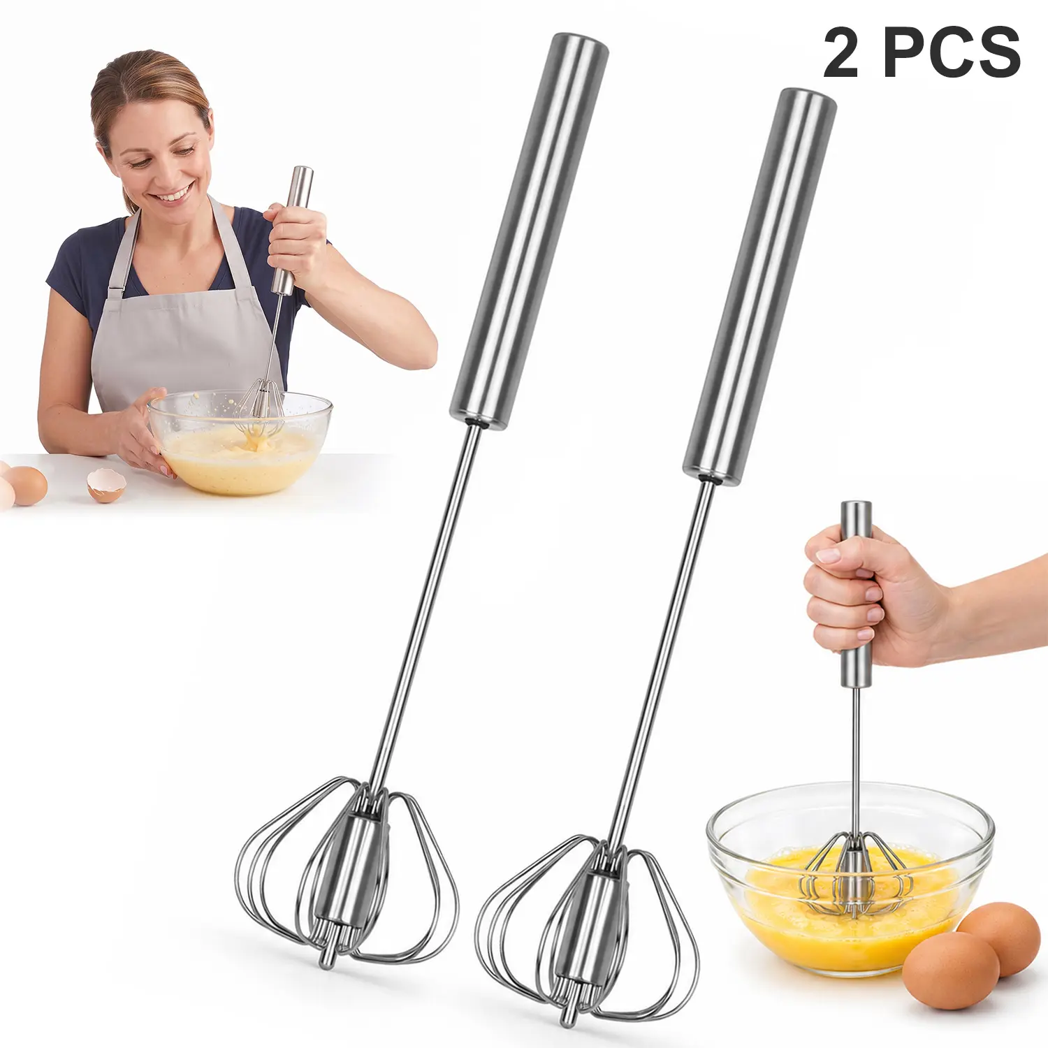 2PCS Stainless Steel Hand-Push Rotary Whisk Set, Semi-Automatic Egg Beaters for Mixing Eggs, Coffee and Sauces, Rust-Resistant Easy-Clean Kitchen Tools