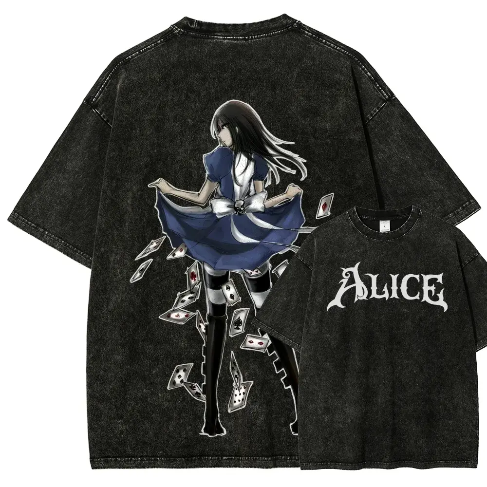 Alice Madness Returns Inspired Graphic Washed Black T Shirt, Dark Fantasy Alice Character Playing Card Artwork Print Oversized Vintage Tee, 100% Cotton Gothic Streetwear Top, Retro Gaming Style Shirt for Fans, Casual Wear