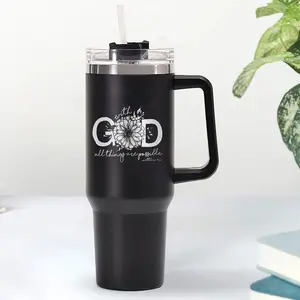 Matthew 19:26 Christian 40oz Tumbler with Handle – With God All Things Are Possible Bible Verse Insulated Travel Cup with Lid and Straw, Faith Drinkware, Gift for Christian Women