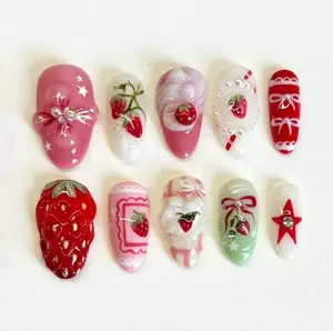 Pink Strawberry 3D Press-On Nails, Sweet Candy bow Handmade Nails, Party Nails, NailArt, Custom Nails Vacation Gifts, Party, Birthday Gifts, Nailart, Gifts For Her, Luxuty Nailbox