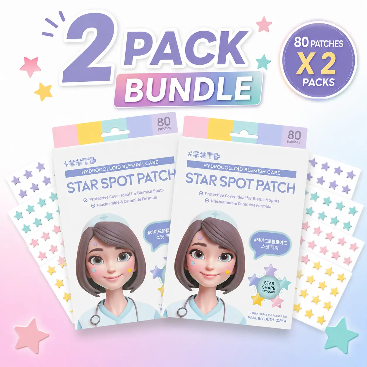 #OOTD Star Pimple Patches (2 Pack) – Hydrocolloid Blemish & Spot Patch for Face, Cute Pastel Colors, Niacinamide & Ceramide, K-Beauty Skincare – 160 Count Total