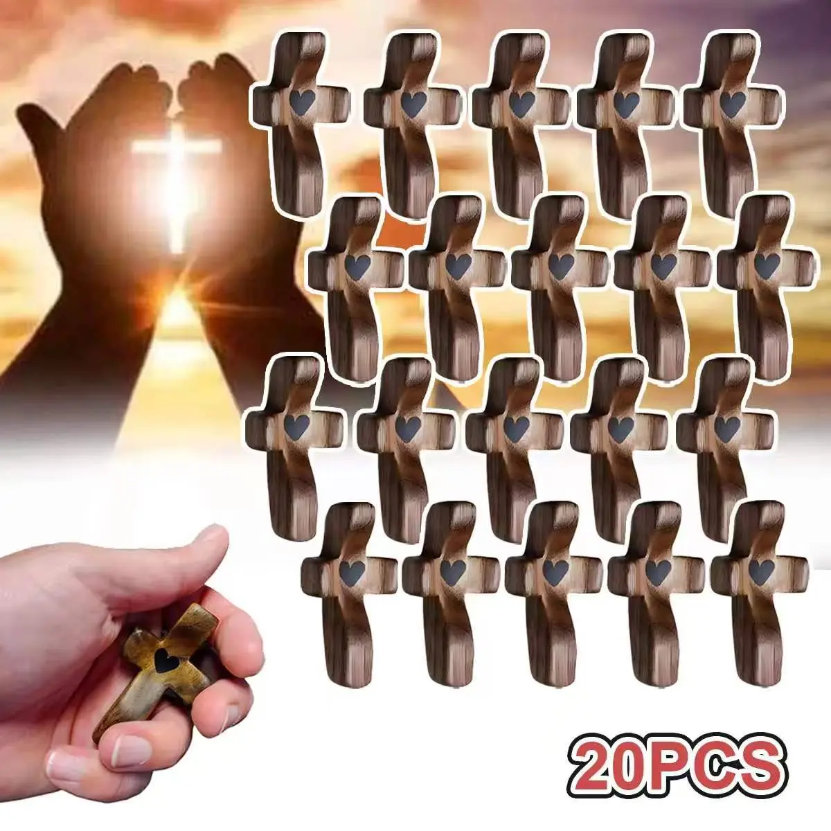 Olive Wooden Pocket Prayer Cross Set (3/5/10/20PCS) - Handheld Christianity Holy Land Olive Tradition Collectibles, Cross Decoration Stress Relief Gift with Pouch for Study & Church Use
