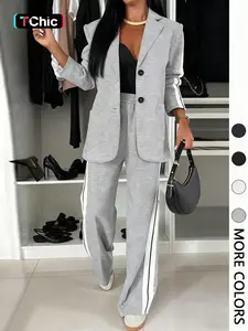 Women's Striped Print Suit Set, Blazer Jacket & Wide Leg Pants, Casual Fitted, All Seasons Wear, Regular Length