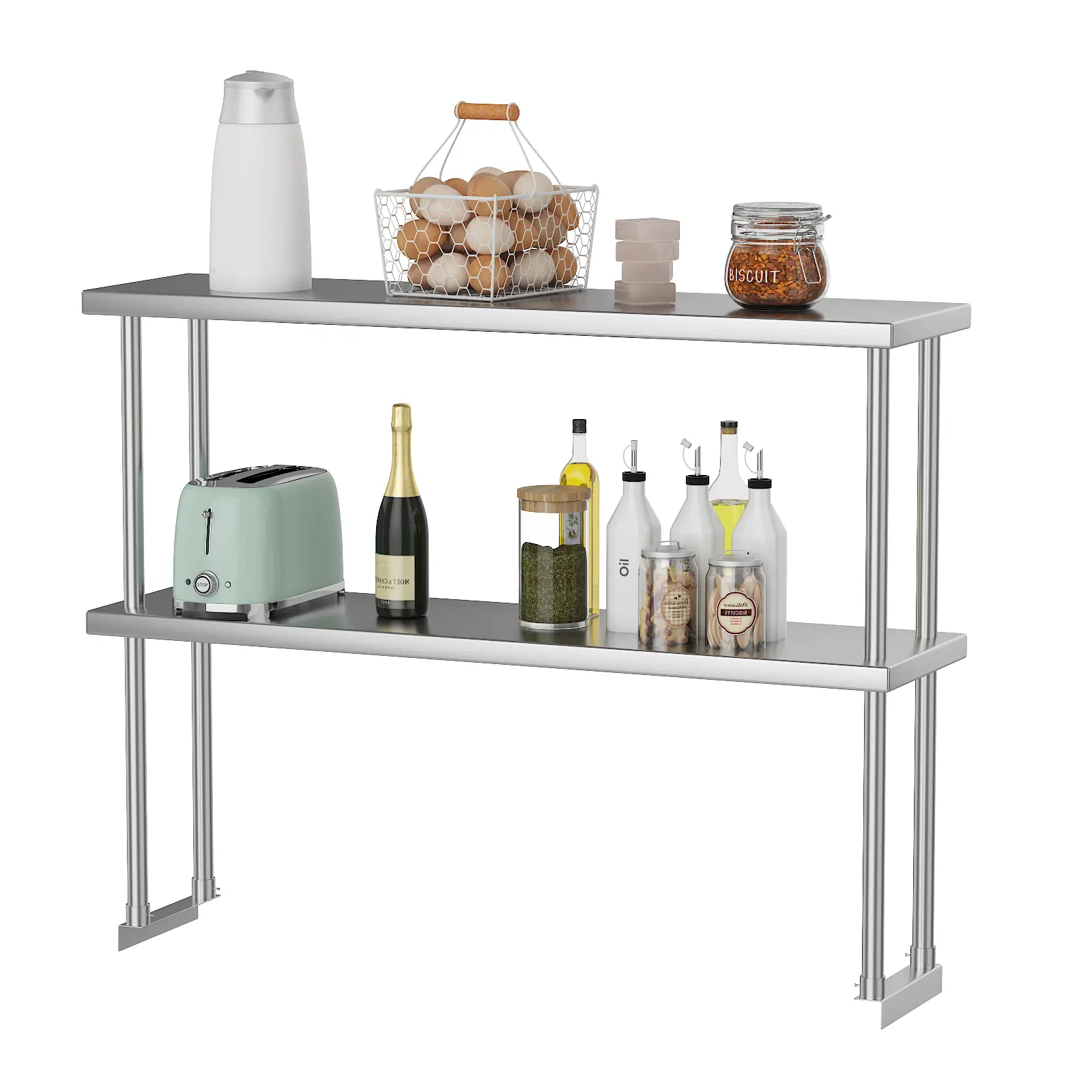 Commercial 2-Tier Stainless Steel Overshelf for Prep & Work Table – Adjustable Double Shelf Storage Rack, Kitchen Organization for Restaurant, Garage, Workshop, Utility Room
