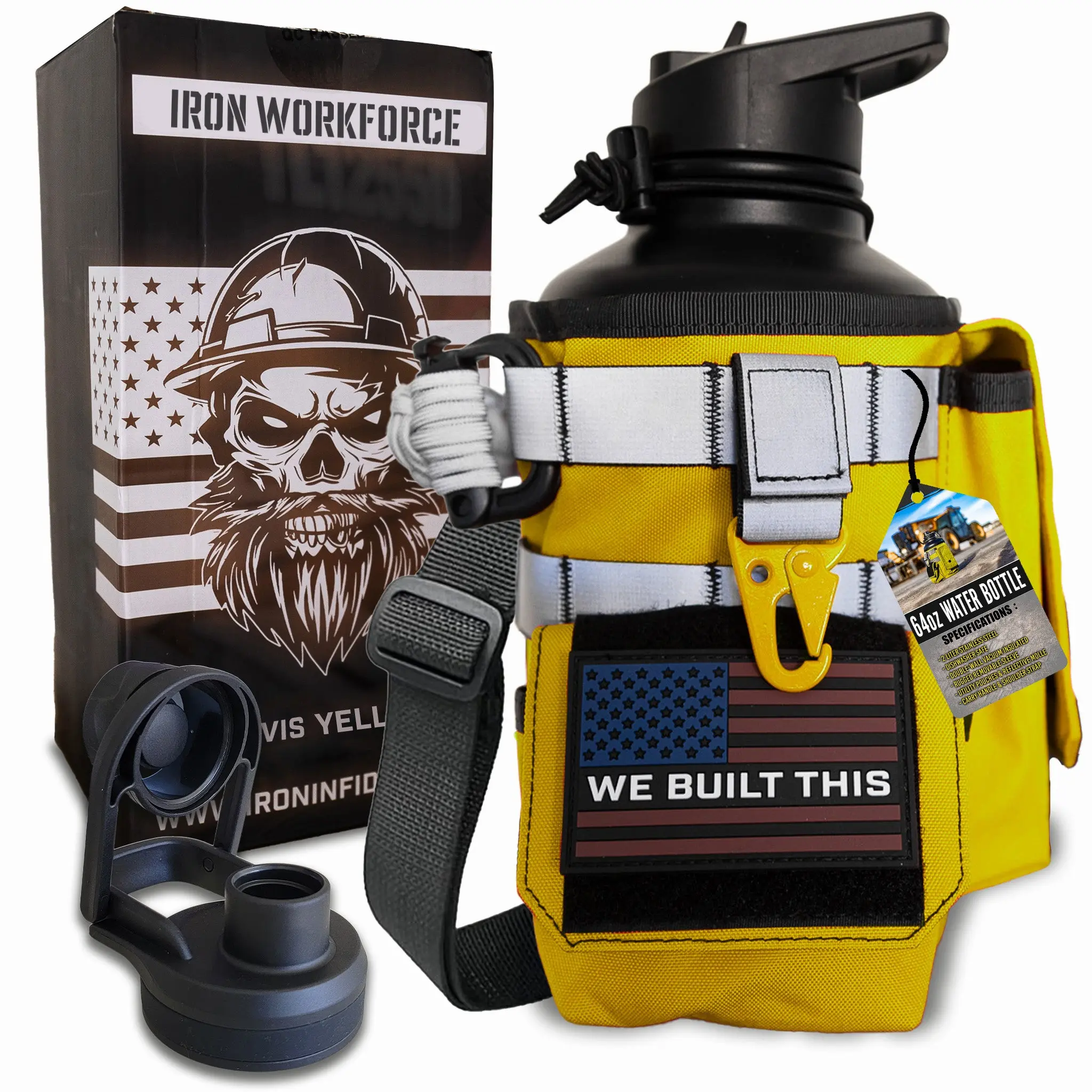 64oz Iron Workforce Bottles Water Bottles for Construction Workers Blue Collar Contractors with Hi-Vis Sleeve and Pockets for Gear and Tools