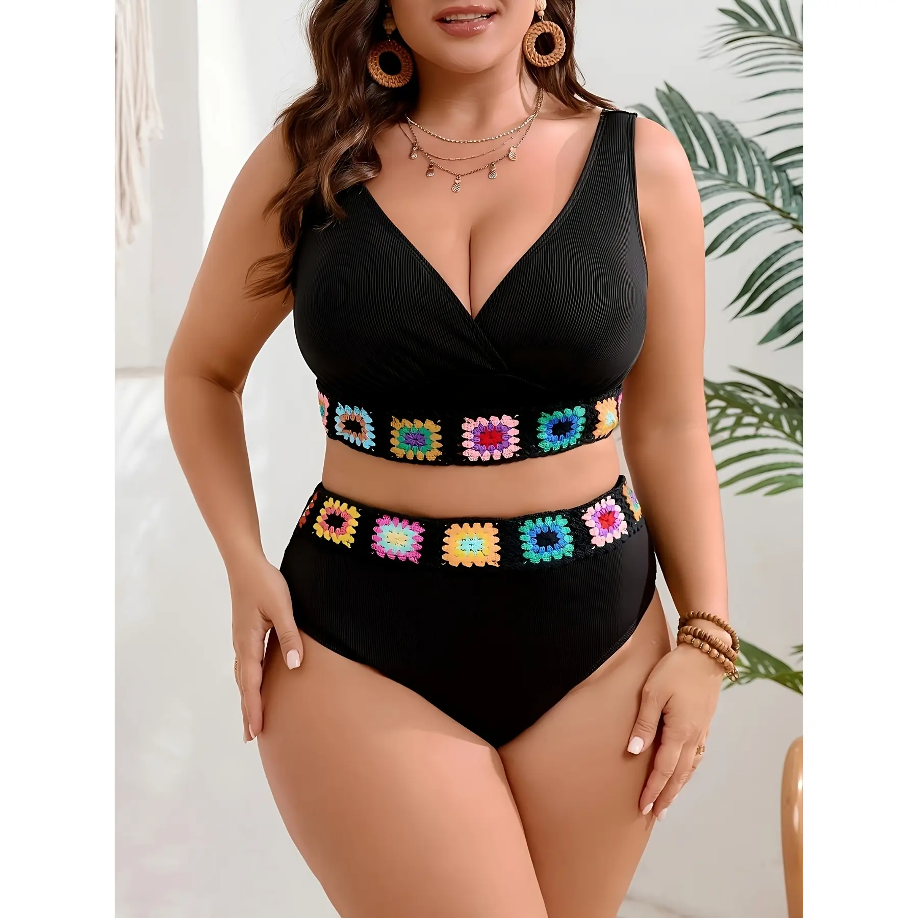 Women's 2-Piece Plus Size High-Waisted Tummy Control Bikini Swimsuit - Chic, Body-Shaping, Curve, Extra-Large, Multi-Size Swimsuit Sets for Summer Sports & Outdoor Use, Chic Swimsuit Set, Body-Shaping Bikinis Set