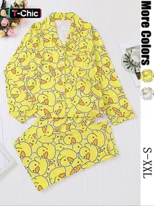 Cute Duck Print Women's Pajama Set, Long Sleeve Shirt Collar Button Soft Top & Loose Elastic Pants Pjs, Casual Home Wear Loungewear