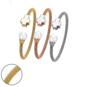 Stainless Steel Braided Bracelet with Pearl Cross Clasp 57mm Diameter Hypoallergenic Comfortable Everyday Wear Gift for Young Women